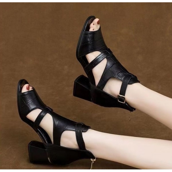 Women Fashion Casual PU Solid Color Peep Toe Zipper Chunky Heel Sandals