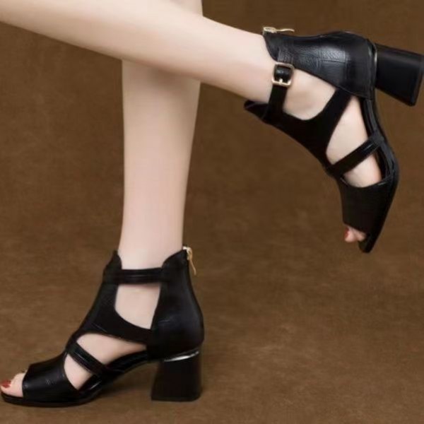 Women Fashion Casual PU Solid Color Peep Toe Zipper Chunky Heel Sandals