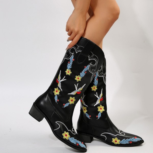 Women Fashion Plus Size Ethnic Embroidery Pointed Toe Mid-Calf Boots