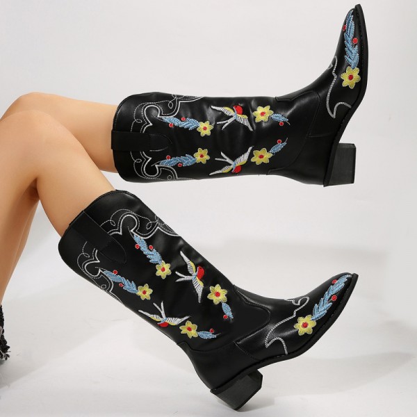 Women Fashion Plus Size Ethnic Embroidery Pointed Toe Mid-Calf Boots