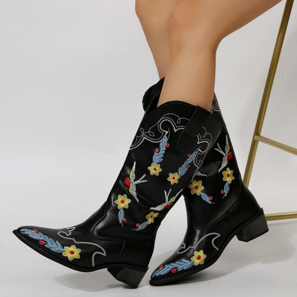 Women Fashion Plus Size Ethnic Embroidery Pointed Toe Mid-Calf Boots