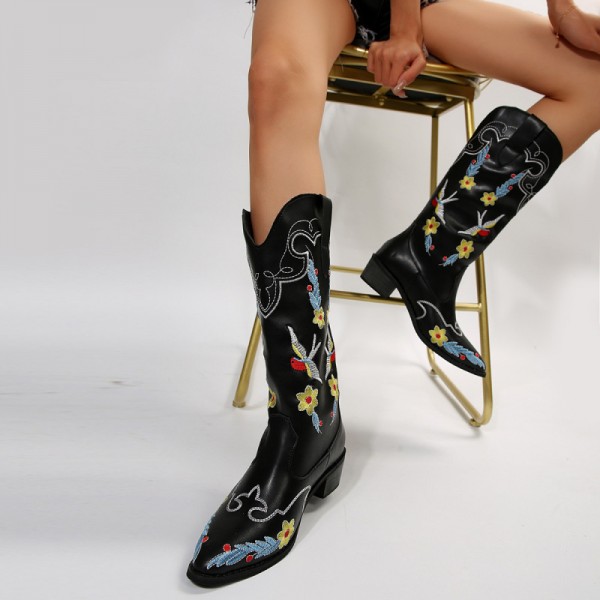 Women Fashion Plus Size Ethnic Embroidery Pointed Toe Mid-Calf Boots