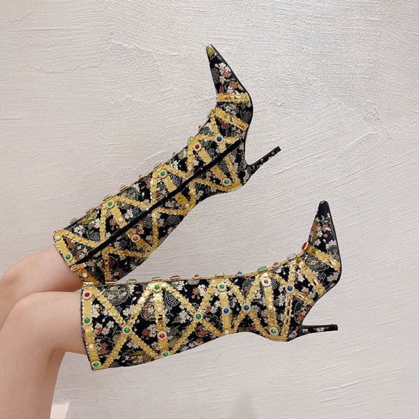 Women Fashion Rhinestone Pointed High Heel Boots