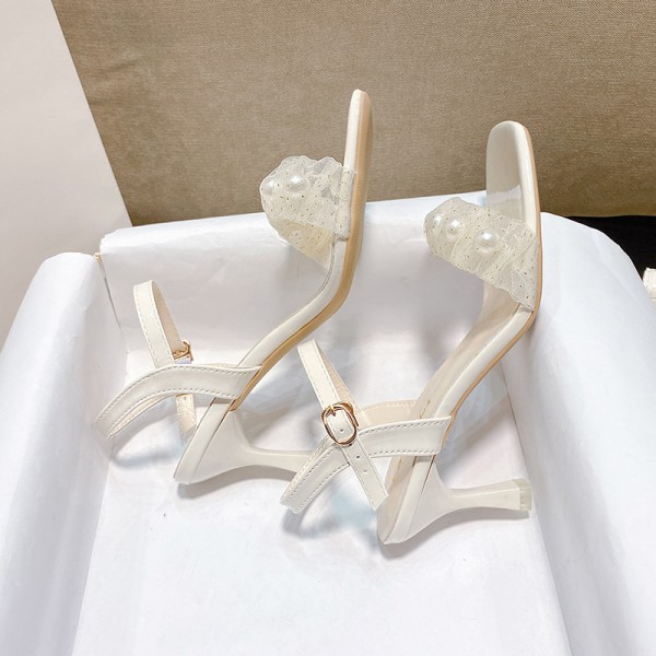 Women Fashion Sexy Mesh Pearl Square Heel Toe Sandals