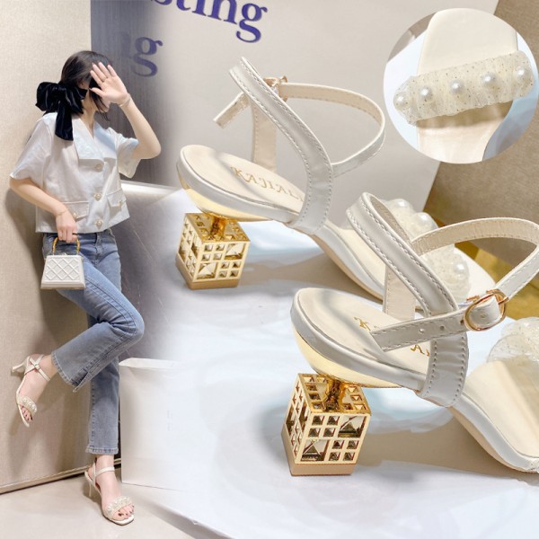 Women Fashion Sexy Mesh Pearl Square Heel Toe Sandals