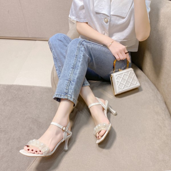 Women Fashion Sexy Mesh Pearl Square Heel Toe Sandals