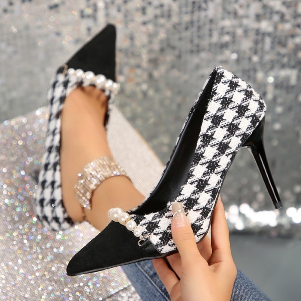 Women Fashion Sexy Plus Size Pointed Toe Pearl Houndstooth Pumps