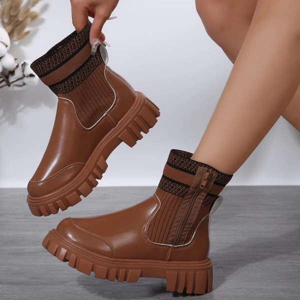 Women Fashion Plus Size Round Toe Thick-Soled Knit Short Boots