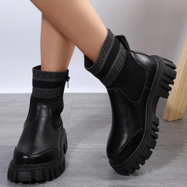 Women Fashion Plus Size Round Toe Thick-Soled Knit Short Boots