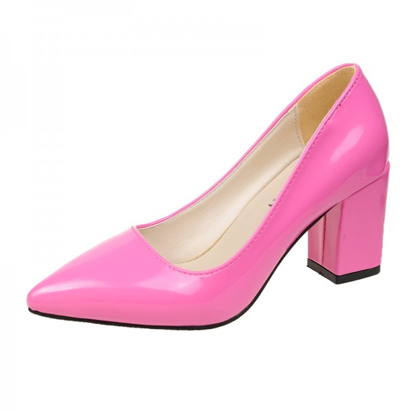 Women Fashion Candy Color Pointed Toe Chunky Heel Pumps