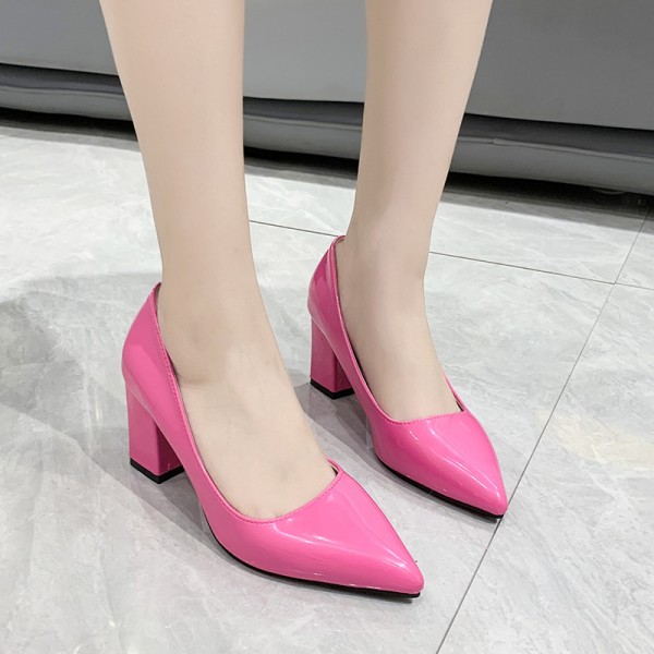 Women Fashion Candy Color Pointed Toe Chunky Heel Pumps