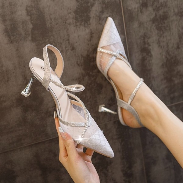 Women Fashion Sexy Pointed Toe Gauze Rhinestone Strap High Heels