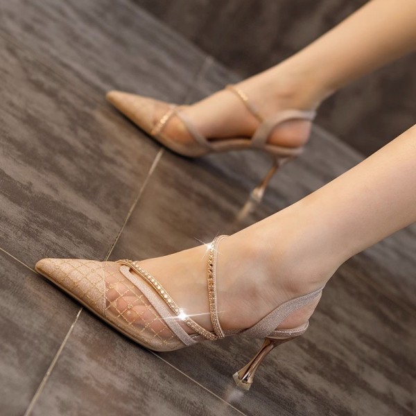 Women Fashion Sexy Pointed Toe Gauze Rhinestone Strap High Heels