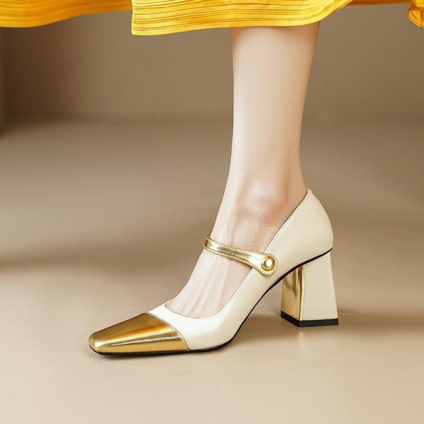 Women'S Elegant Color-Block Square-Toe High-Heeled Shoes