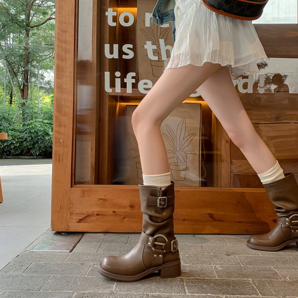 Women Fashion Vintage Belt Buckle Round Toe Mid-Calf Boots