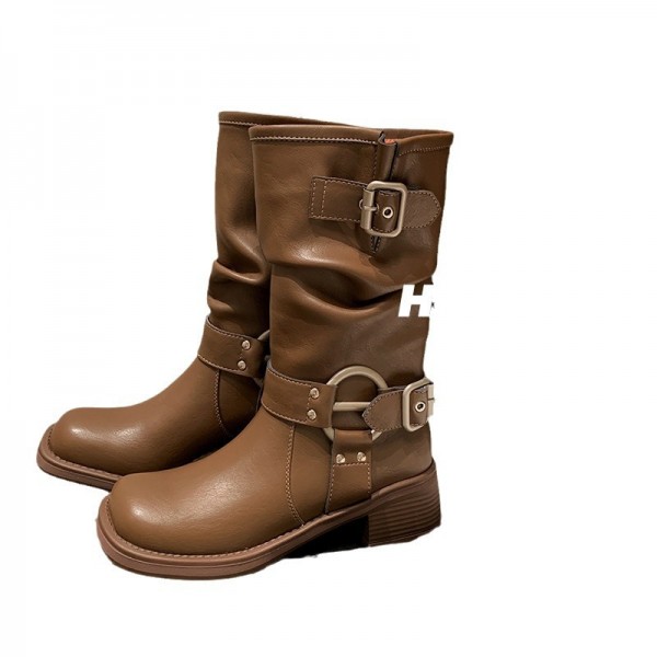 Women Fashion Vintage Belt Buckle Round Toe Mid-Calf Boots