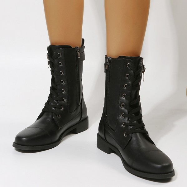 Women Casual Plus Size Strap Side Zipper Round Toe Mid-Calf Boots