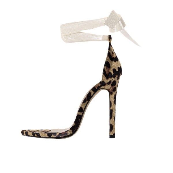 Women Fashion Sexy Leopard Printed Ribbon Wrap Round Toe Heeled Sandals