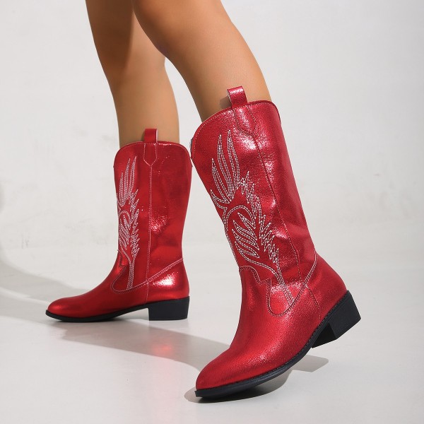 Women Fashion Plus Size Embroidered Pointy Toe Mid-Calf Boots