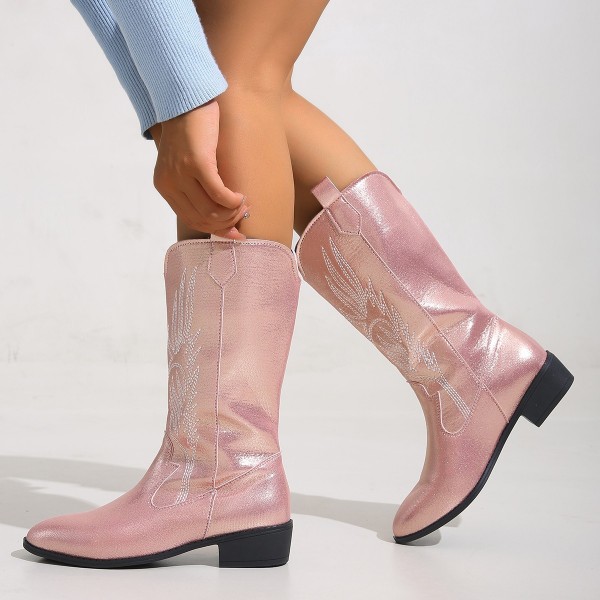 Women Fashion Plus Size Embroidered Pointy Toe Mid-Calf Boots