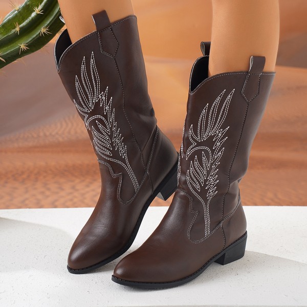 Women Fashion Plus Size Embroidered Pointy Toe Mid-Calf Boots