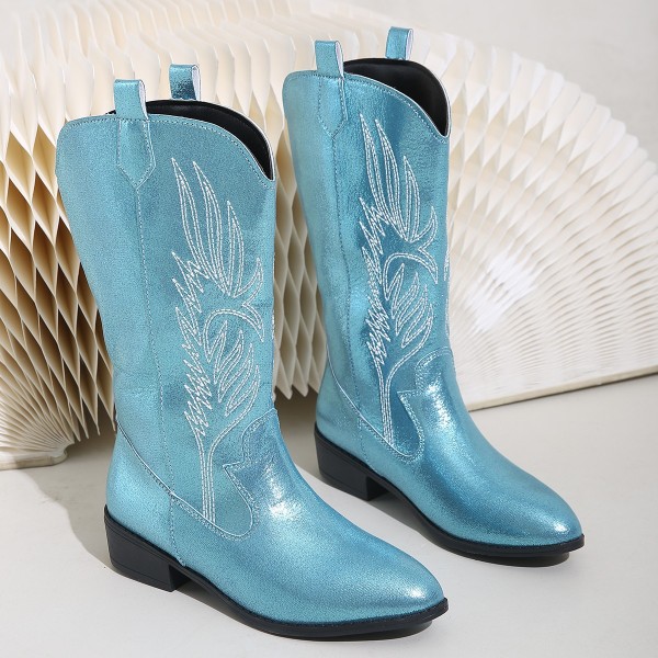 Women Fashion Plus Size Embroidered Pointy Toe Mid-Calf Boots